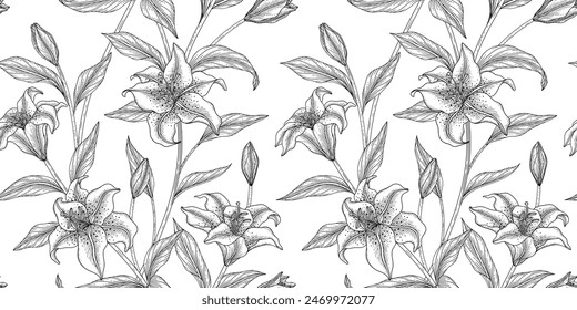 lily floral pattern black and white illustration