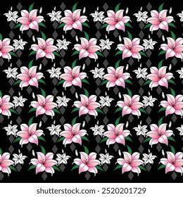 Lily floral pattern on black. A seamless pattern featuring pink and white lilies arranged in a diamond pattern against a black background. The design is visually appealing for various applications. 