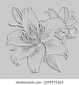 Lilienblume. 3D geprägte Linien Blumenmuster. Texturierte schöne Blumen Reliefhintergrund. Wiederholen Sie den weißen Hintergrund. Oberflächenlilililie Blumen. 3D-Linien-Kunstschmuck mit Prägung. 