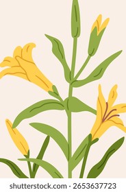 Sucursal de flor de lírio, design de cartão. Planta floral florescente com pétalas suaves tenras, botões e folhas. Flor do jardim da primavera, cartaz da natureza vertical, fundo do cartão postal. Ilustração de vetor plano