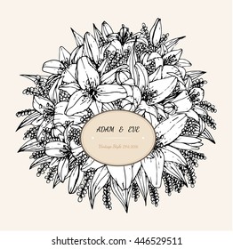 Lily flower card vector by hand drawing.