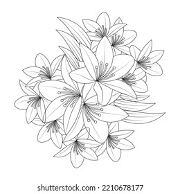 lily flower coloring page book illustration with decorative line art vector and lilium drawing flower. decorative zentangle art drawing clip art zen doodle coloring flower.