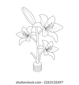 Lily Flower Coloring Page And Book Hand Drawn Line Art Illustration Beautiful Flower Black And White Pink Lily Drawing Vector