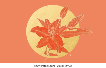 Lily flower drawing in art deco style with gold outline and gold foil circle on coral red background. Wallpaper design for print, poster, cover, banner, invitation, postcard.