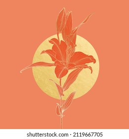 Lily flower drawing with gold outline and gold foil circle moon on coral red background. Design in art deco style in for print, poster, invitation, postcard.