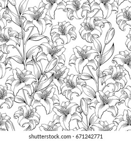 Lily flower graphic black white seamless pattern sketch illustration vector