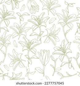 Lily flower hand drawn seamless pattern for textile or wallpaper. Vector background