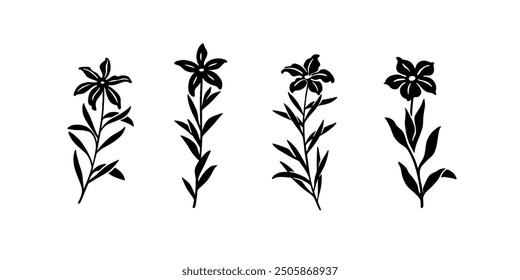 Lily flower illustration in simple hand drawn and linocut style. Simple contour vector illustration for cosmetics, postcard and pattern.