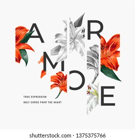 lily flower illustration with slogan ,Amore is the Italian word for "love"