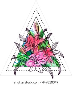Lily flower isolated over white. A bouquet of flowers inside a triangle. Vector illustration. Dotwork blackwork hipster style tattoo. Coloring. Watercolor, chalk, pastels, pencils texture.