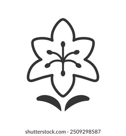 Lily flor com folhas ícone símbolo em linha e silhueta. Ótimo para cosméticos, spa, logotipo de ioga. Contorno de flor para web design, decoração, elemento gráfico. Ilustração vetorial. Pixel perfeito