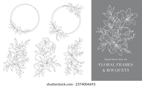 Lily Flower Line Art. Floral Frames and Bouquets Line Art. Fine Line Lilies Frames Hand Drawn Illustration. Outline Leaves and Flowers. Botanical Coloring Page. Outline Lily Isolated on White
