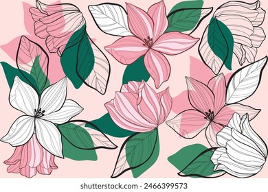 lily flower line art pattern background vector. Natural botanical elegant flower with gold line art. Design illustration for decoration, wall decor, wallpaper, cover, banner, poster, card.