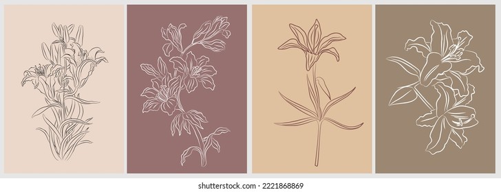 Lily flower Line Drawing Print Set. Botanical Poster. Modern Lilium Line Art, Aesthetic Contour. Perfect for Home Decor, Wall Art, t-shirt Print, tattoo, logo, jewelry design. Vector illustrations.