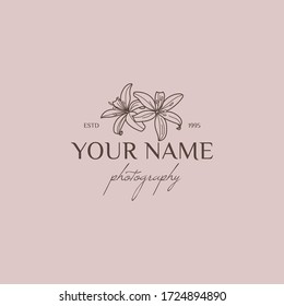 Lily flower logo design template in simple minimal linear style. Vector floral emblem and icon for Wedding Photographers.