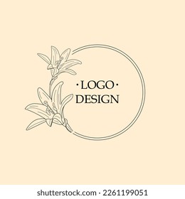 Lily Flower logotype concept in minimal linear style with round shape. Vector floral logo with copy space for text. Logo for Cosmetics, Fashion, Beauty, invitation, flower shop. Vector illustration