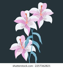 Lily flower on dark green background in hand drawn style. Vector stock illustration. isolated. Flowers and plants. Nature. trendy design