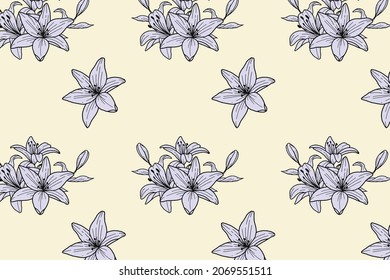 Lily Flower pattern background. Vintage design decorative texture. wallpaper. Cute flowers, leafs stylized in folk ethnic artwork