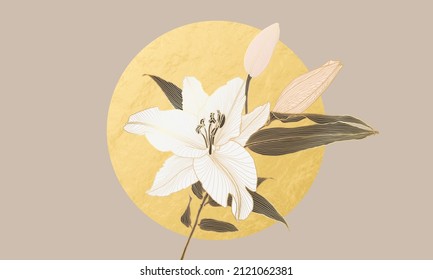 Lilienblütenmuster mit goldener metallischer Umrisslinie, gefärbt auf neutralem Braun, Weiß, Rosa und goldenem Ringmond. Design im Art-Deco-Stil für Druck, Poster, Einladungen, Postkarten.