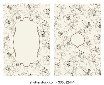 Lily flower pattern isolated on gray. Floral pattern with lilies. Blue lines over gray background. Vector illustration.