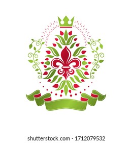 Lily Flower Royal emblem. Heraldic Coat of Arms isolated vector illustration created with decorative ribbon and imperial crown. Ecology and environment conservation business logo.