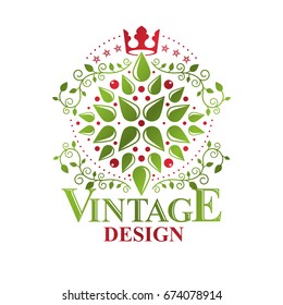 Lily Flower Royal emblem. Heraldic Coat of Arms isolated vector illustration created with decorative ribbon and imperial crown. Ecology and environment conservation business logo.