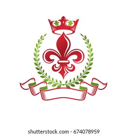Lily Flower Royal emblem. Heraldic Coat of Arms isolated vector illustration created with decorative ribbon and imperial crown. Ecology and environment conservation business logo.