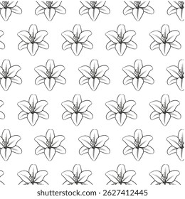 Lily flower Seamless Pattern Hand drawn vector line art, Black and white Flower isolated in white.  Beautiful design for textile, wallpaper, wrapping paper and backgrounds