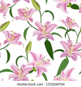 Lily flower seamless pattern on white background, Pink lily floral vector illustration