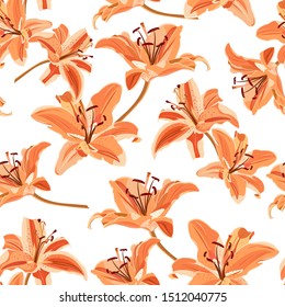 Lily flower seamless pattern on white background, Orange lily floral vector illustration