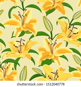 Lily flower seamless pattern on yellow background, Yellow lily floral vector illustration