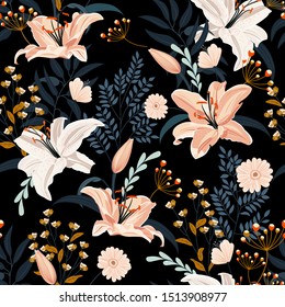 Lily Flower Seamless Pattern On Black Background With Floral, White Lily Floral Vector Illustration