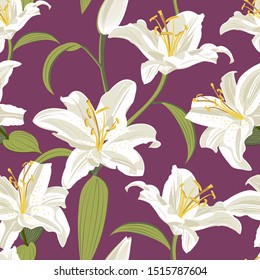 Lily flower seamless pattern on purple background, White lily floral vector illustration