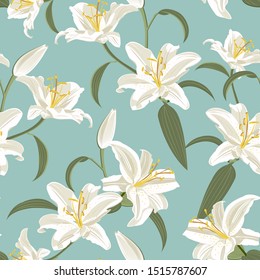 Lily flower seamless pattern on green background, white lily floral vector illustration