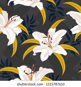 Lily flower seamless pattern on black background, White lily floral vector illustration