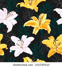 Lily flower seamless pattern on black background, White and yellow lily floral vector illustration