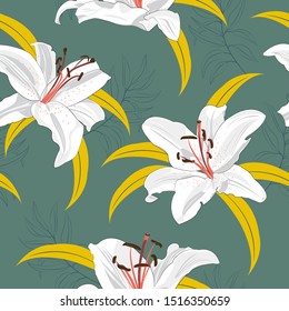 Lily flower seamless pattern on green background, White lily floral vector illustration