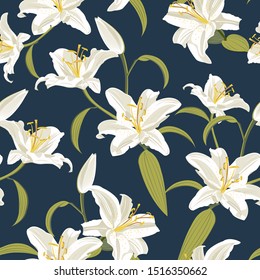 Lily flower seamless pattern on blue background, white lily floral vector illustration