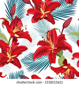 Lily flower seamless pattern on white background with palm leaves, Red lily floral vector illustration