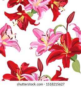 Lily flower seamless pattern on white background, Pink and Red lily floral vector illustration