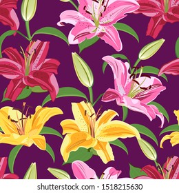 Lily flower seamless pattern on purple background, Yellow and Pink lily floral vector illustration