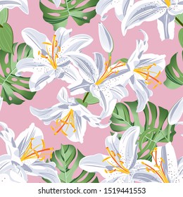 Lily flower seamless pattern on pink background with tropical leaves, White lily floral vector illustration