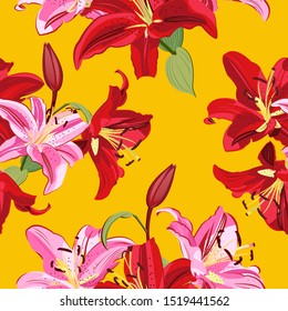 Lily flower seamless pattern on yellow background, Pink and Red lily floral vector illustration