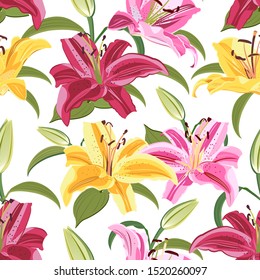 Lily flower seamless pattern on white background, Yellow, Red and Pink lily floral vector illustration