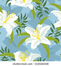 Lily flower seamless pattern on blue background, White lily floral vector illustration