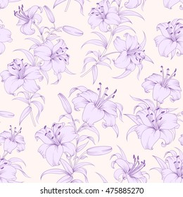 Lily flower seamless pattern with violet lilies over pink background. Floral background in vintage style.