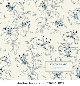 Lily flower seamless pattern with white lilies over white background. Floral background in vintage style.