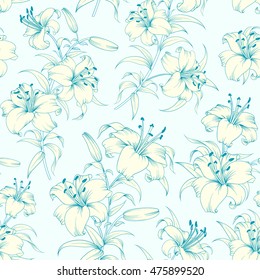 Lily flower seamless pattern with white lilies over blue background. Floral background in vintage style.