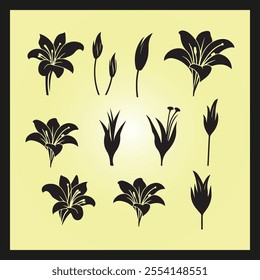 Lily flower silhouette set Clipart on a hex color background
