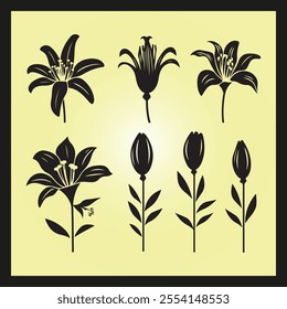 Lily flower silhouette set Clipart on a hex color background